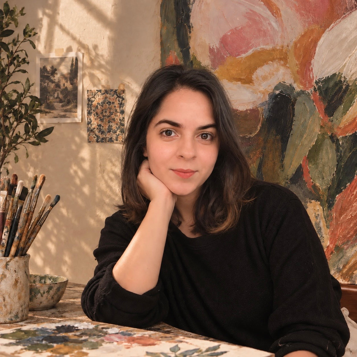 A woman with dark shoulder-length hair rests her head on her hand at a table in an art studio, wearing a black long-sleeve top. A vase of paintbrushes, a small bowl, and a colorful abstract painting are visible in the background.